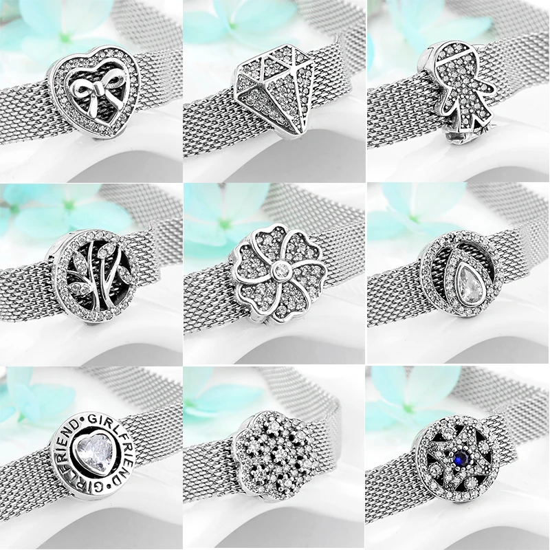 925 Sterling Silver Round Clip Encantos para Mulheres, Contas, Espumante, CZ, Contas, Reflexão, DIY, Jóias Presente, Venda Quente