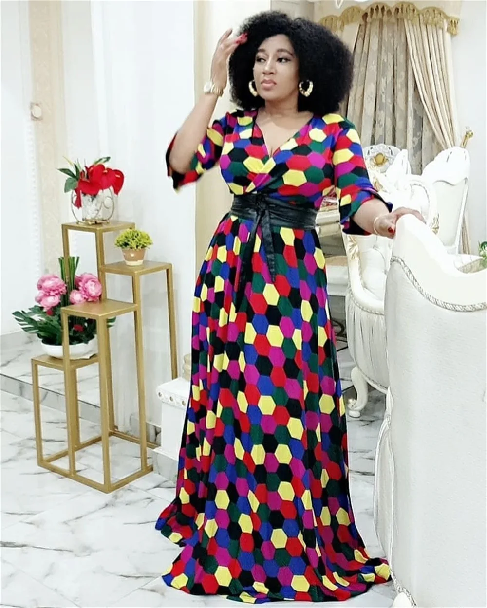 

2020 summer and autumn african women polyester printing v-neck long dress