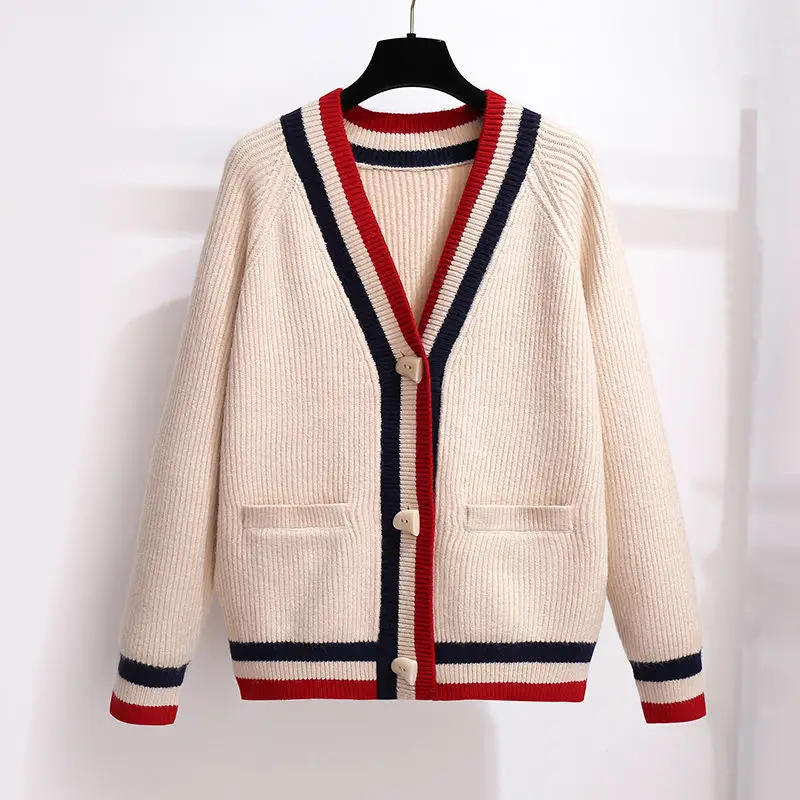 Ladies sweater 2023 fashion new loose western style long-sleeved v-neck color matching knitted single-breasted cardigan women