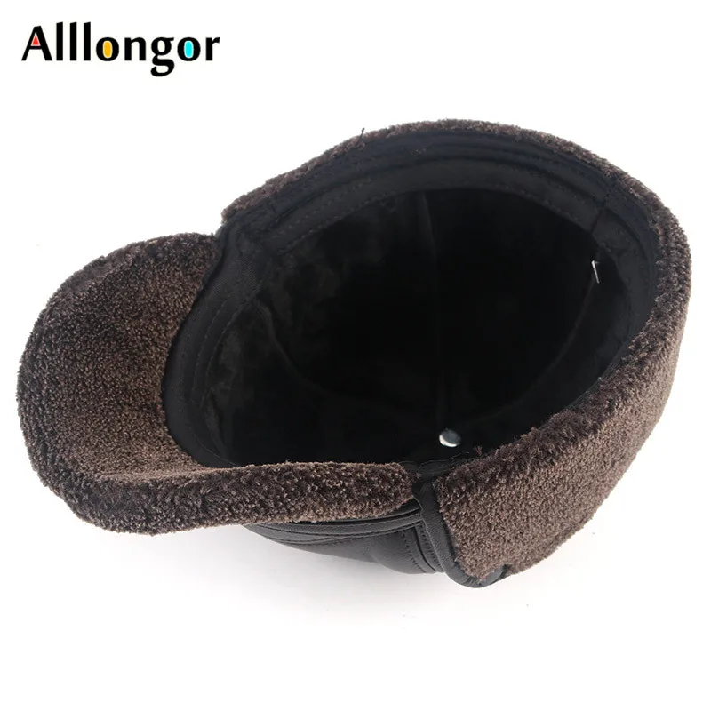 Leather Bomber Hats Men\'s Winter Earflap Hat Ushanka Head Hood 2024 Autumn Warm Faux Fur Wool Earflaps Baseball Cap Male Thicken