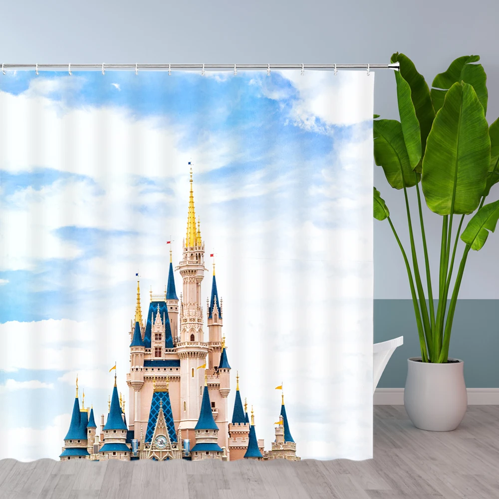 Castle Shower Curtains 3D Print European Style Building Night Fireworks Scenery Bathroom Home Decor Polyester Cloth Curtain Set