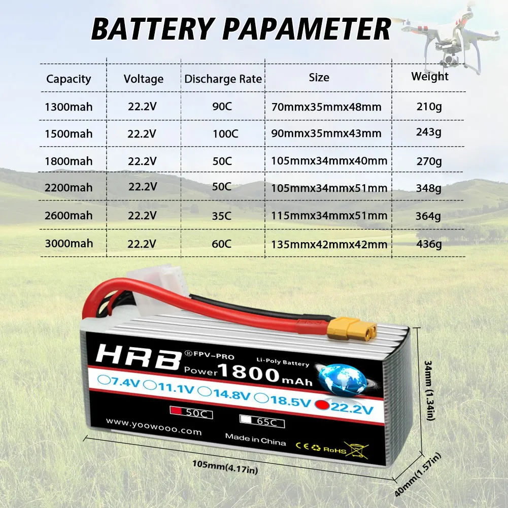 HRB 6S Lipo Battery 22.2V 1800mah 1300mah 2200mah 1500mah  FPV Drone Battery with XT60 EC3 Connector for Jet Airplane helicopter