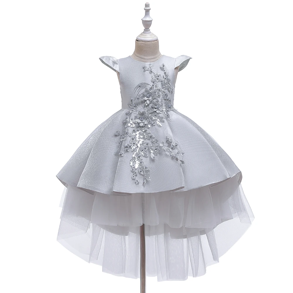 Western Style Tailed Girl Wedding Dress Elegant Crew Neck Baby Princess  Gown Embroidered Kid Beaded Clothing For 10 Year Child