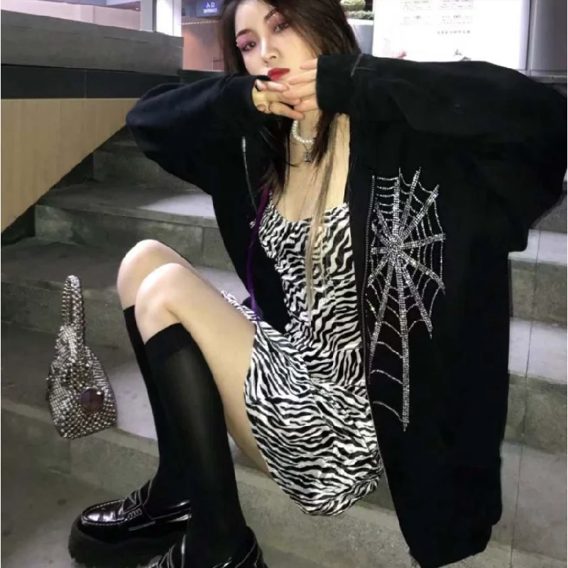 Y2K Gothic Rhinestone Spider Web Zipper Hoodies Women Harajuku Punk Oversized Sweatshirts Autumn Streetwear Loose Hooded Jacket