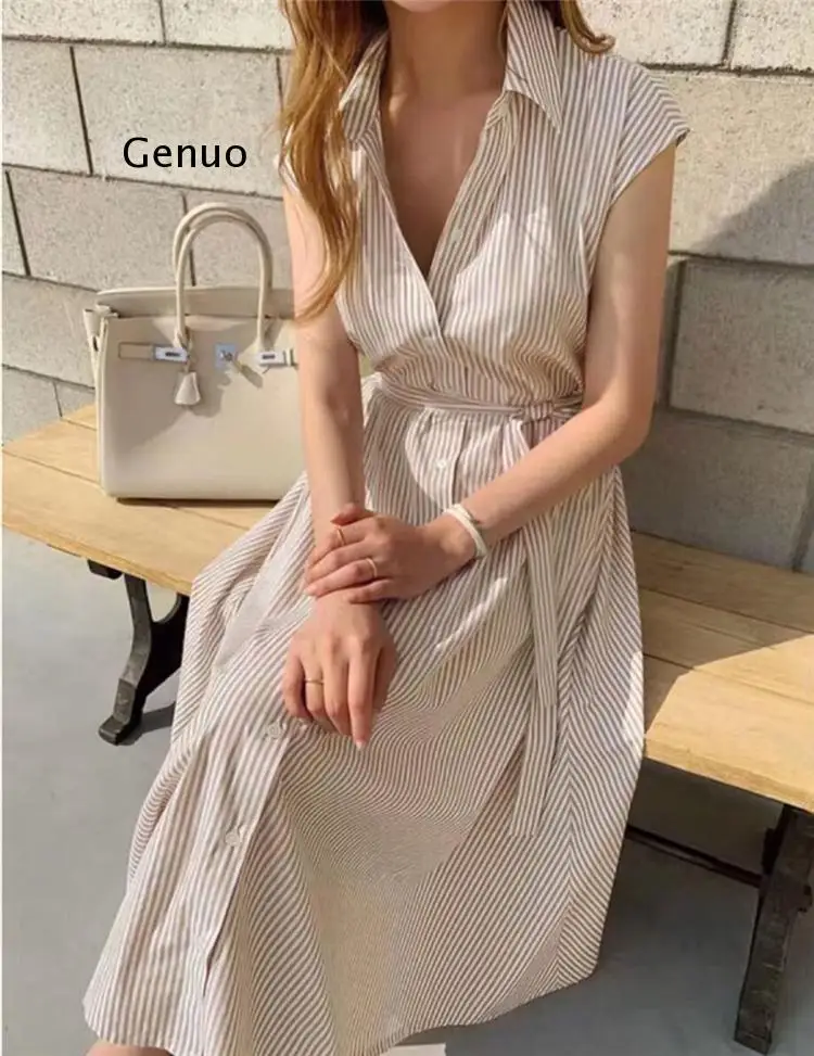 New 2021 Women Spring Summer Shirt Dress Multi Colors Casual Sleeveless Striped Oversize Lace Up Long Dress