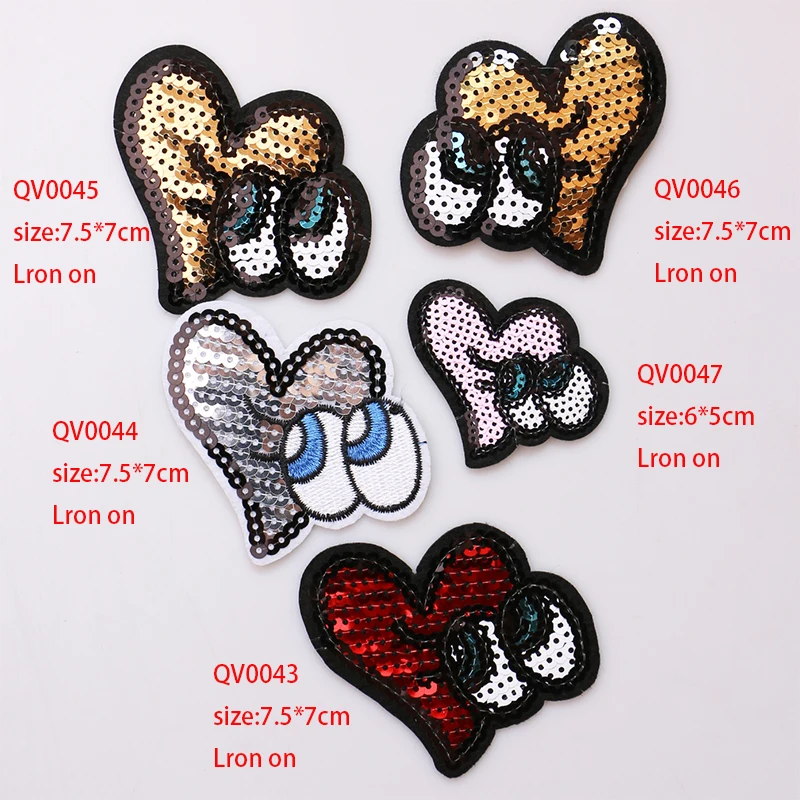 1PCS Sequins heart shaped icon Embroidered Iron on Patches for Clothing DIY Stripes Clothes Patchwork Stickers Custom Badges