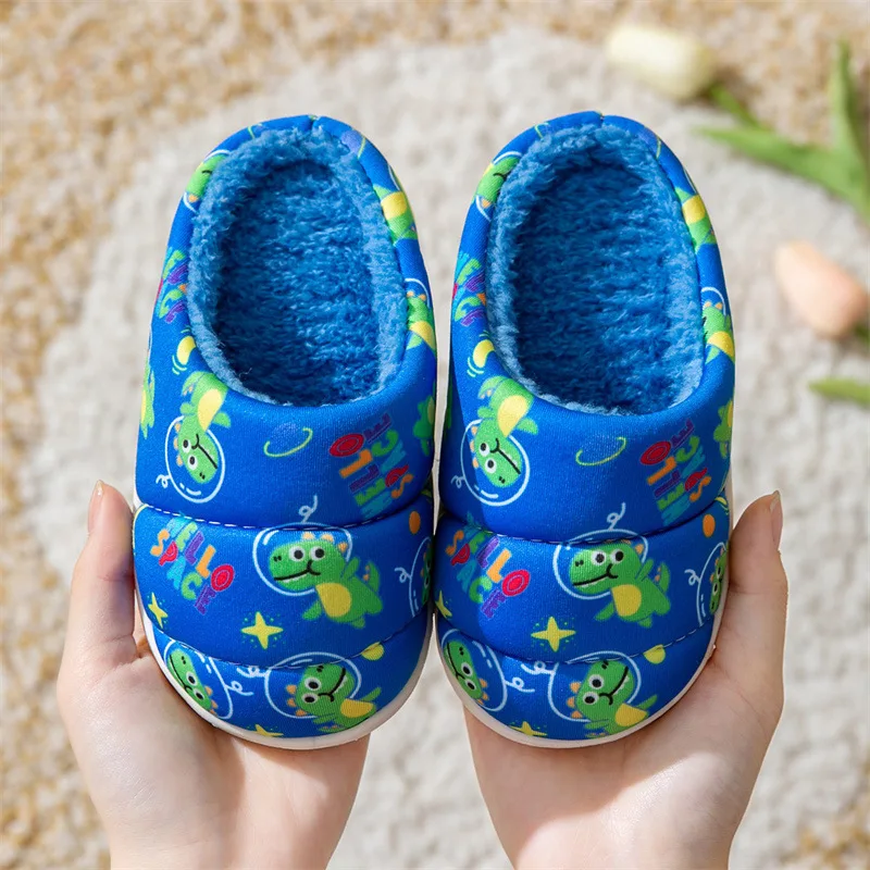 Cartoon Dinosaur Print Children Cotton Slippers Autumn Winter Warm Princess Baby Boys Girl Women Men Indoor Bedroom Home Shoes