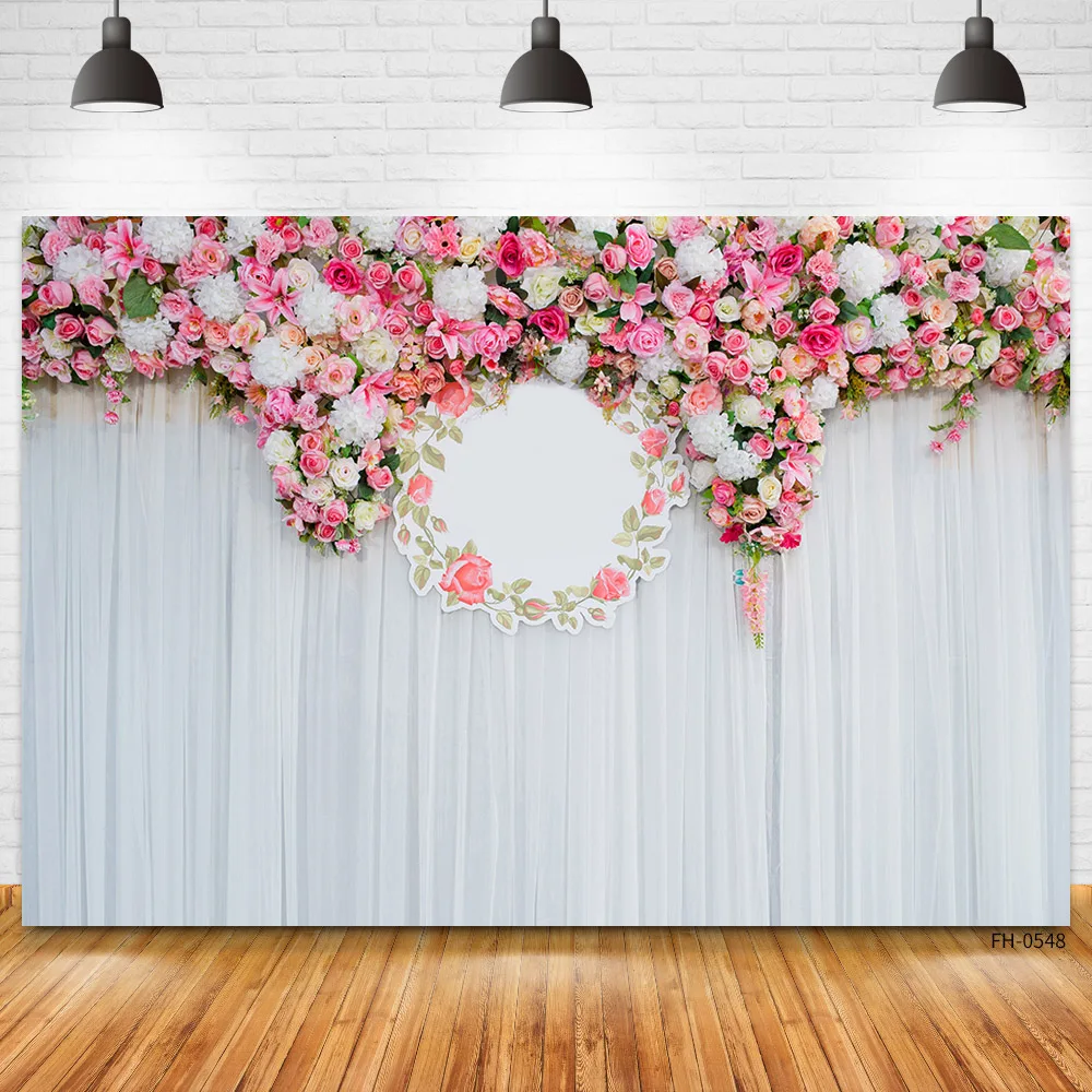 Wedding White Curtains Pink Blossom Floral Flowers Wreath Party Photography Background Backdrop For Valentine's Day Photo Studio