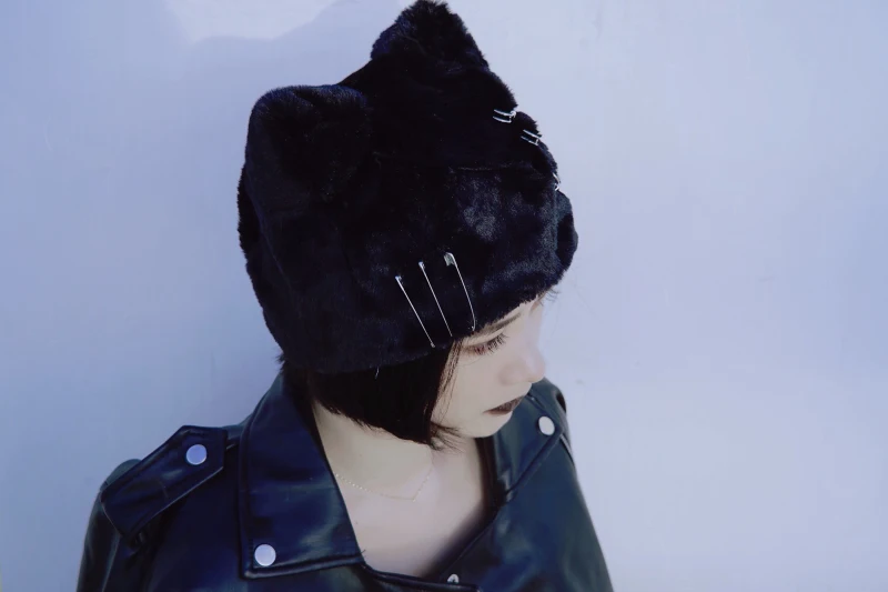 Original handmade plush cat ear hat faux fur pins patch cross gothic black autumn/winter hat cap punk girls cosplay skullies