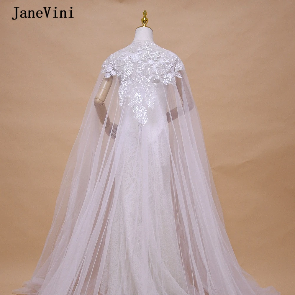 JaneVini 2020 Romantic 3M Long Bride Bolero Ivory Tulle Shawls and Wraps Cape Femme Sequined Beaded Summer Wedding Accessories