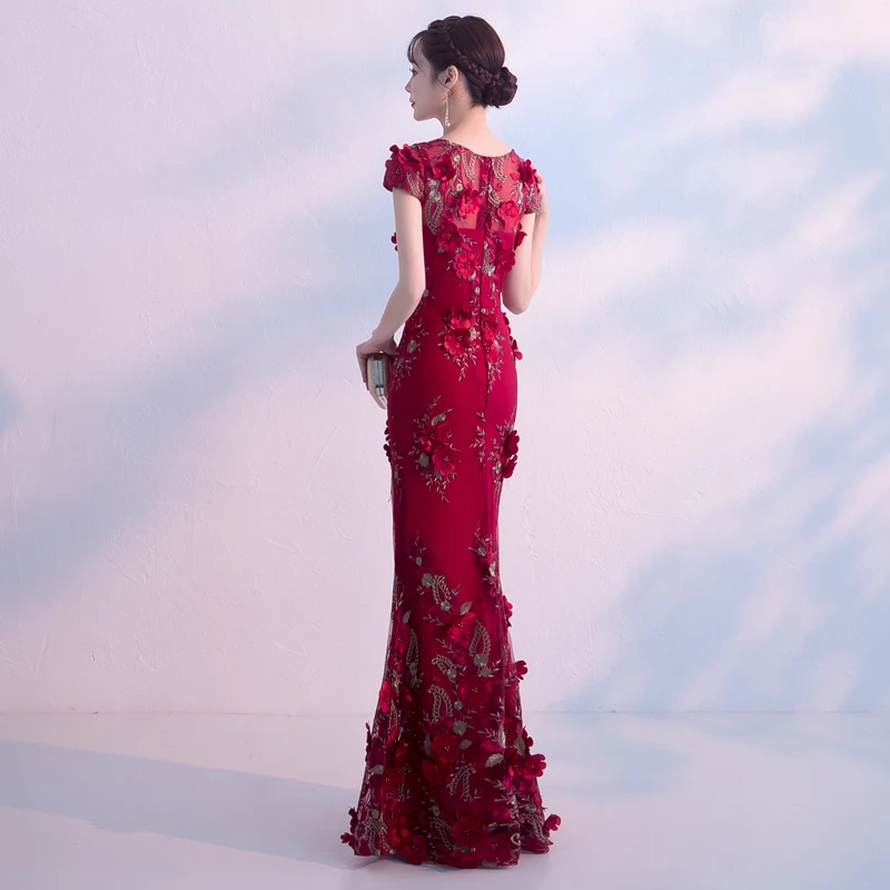 Personalizado de luxo flor vinho vermelho sereia vestidos de noite 2025 elegante modesto o-pescoço feminino vestidos formais longos