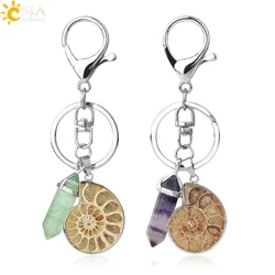 CSJA Motorcycle Car Keychains Natural Gem Stone Ammonite Shell Fluorite Reiki Pendant Keyring Door Bag Key Holder Trinket G366