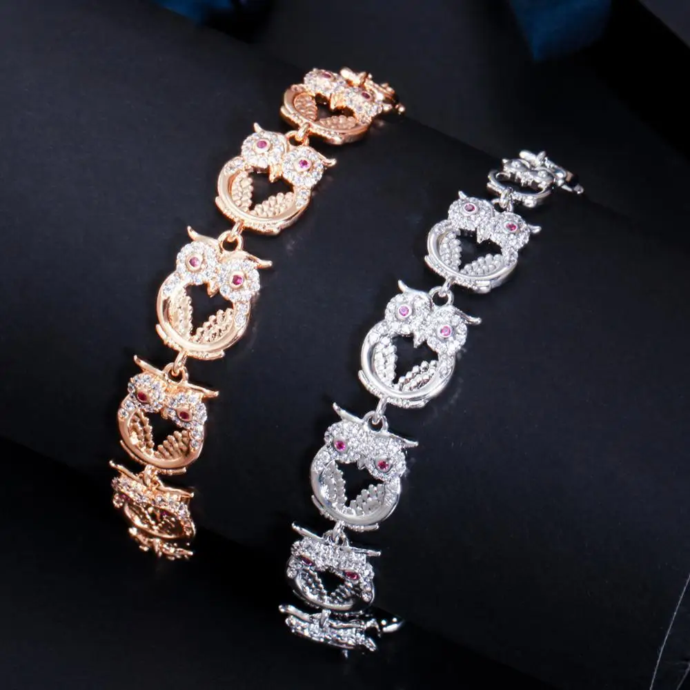 CWWZircons Shiny White Red CZ Cubic Zirconia Cute Owl Animal Charms Bracelet Bangle for Ladies Friends Jewelry Gift CB232