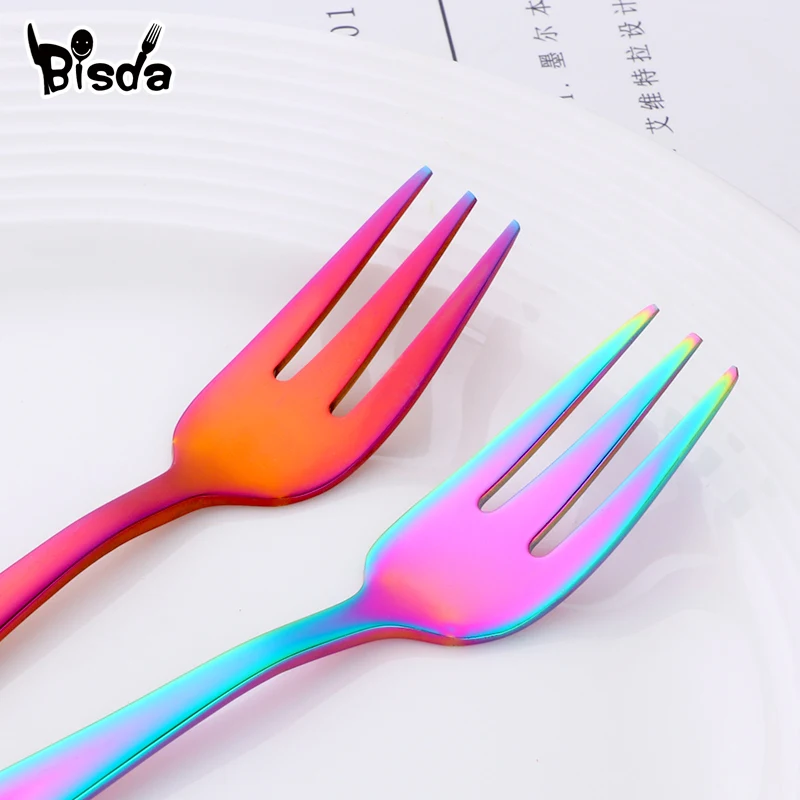 1Pc Fruit Fork  stainless Steel Small Forks For Dessert Rainbow Small Tea Fork Gold Mini Forks for Cake Colorful Dinnerware