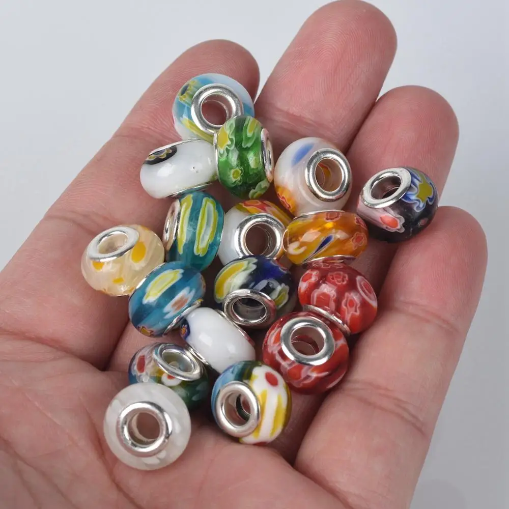 10pcs Random Mixed 14x9mm Round Millefiori Lampwork Glass Big Hole Beads for Jewelry Making European Charms Bracelet DIY