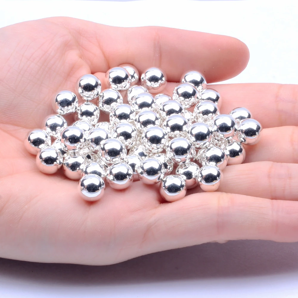 Metallic Silver Round Beads 4mm 5mm 6mm 8mm 10mm No Hole Imitation Resin Pearls DIY Crafts Decoration