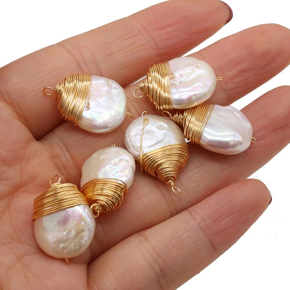 Natural Freshwater Pearl Pendant Oval Copper Wire Winding Pearl Charms Pendant for Women Jewelry Making DIY Necklace 15x22mm