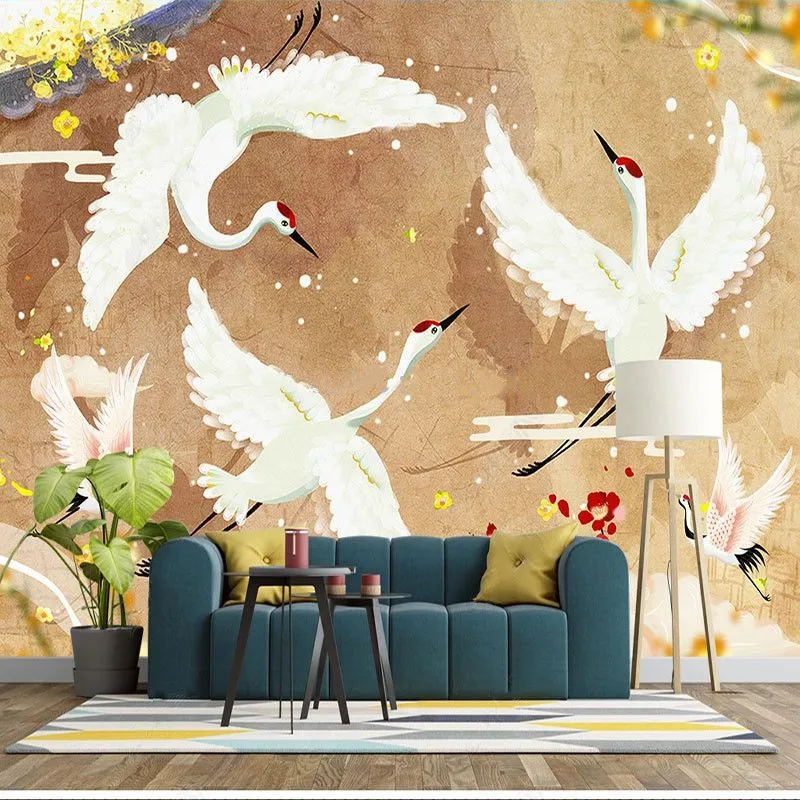 

Custom Any Size Wallpaper 3D Crane Flying In The Background Wall Of The National Tide Home Decor Self-Adhesive Wall Stickers