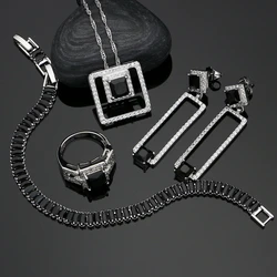 925 Silver Bridal Jewelry Sets Black Cubic Zirconia White Crystal Jewelry for Women Earrings/Pendant/Ring/Bracelet/Necklace