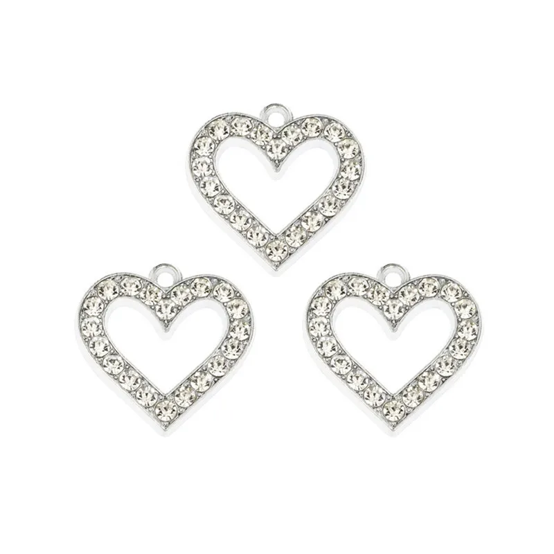 

50,100PC/lot Silver Color Rhinestones Bling Heart Pendant Hang Charms DIY Jewelry Findings Fit For Pet Collars Necklace