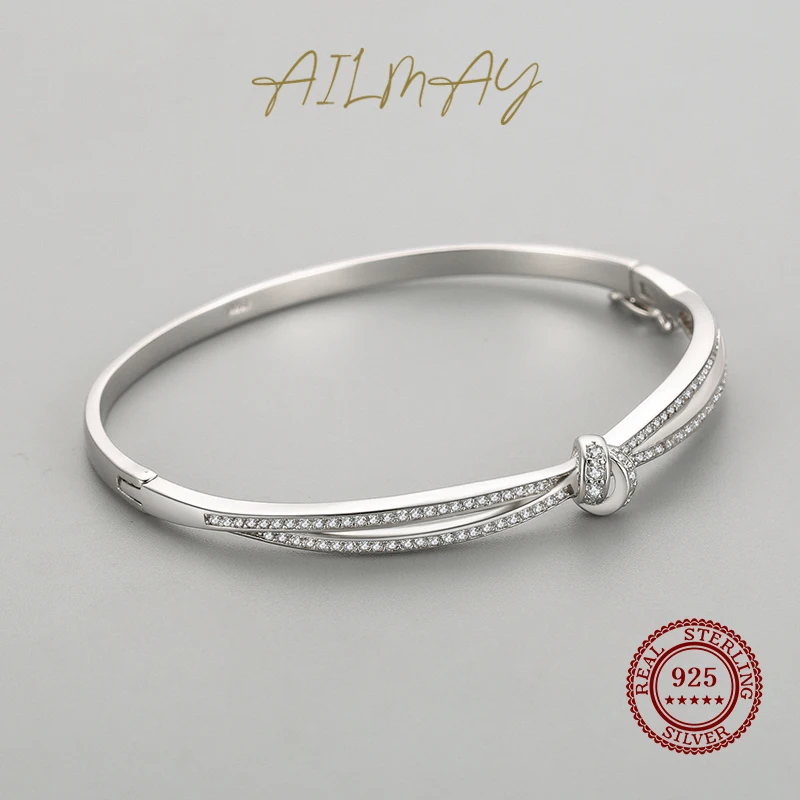 Ailmay 925 Sterling Silver Bowknot Fashionc bransoletki musujące jasne pierścionki z cyrkoniami dla kobiet biżuterii prezent na walentynki — zdjęcie 5