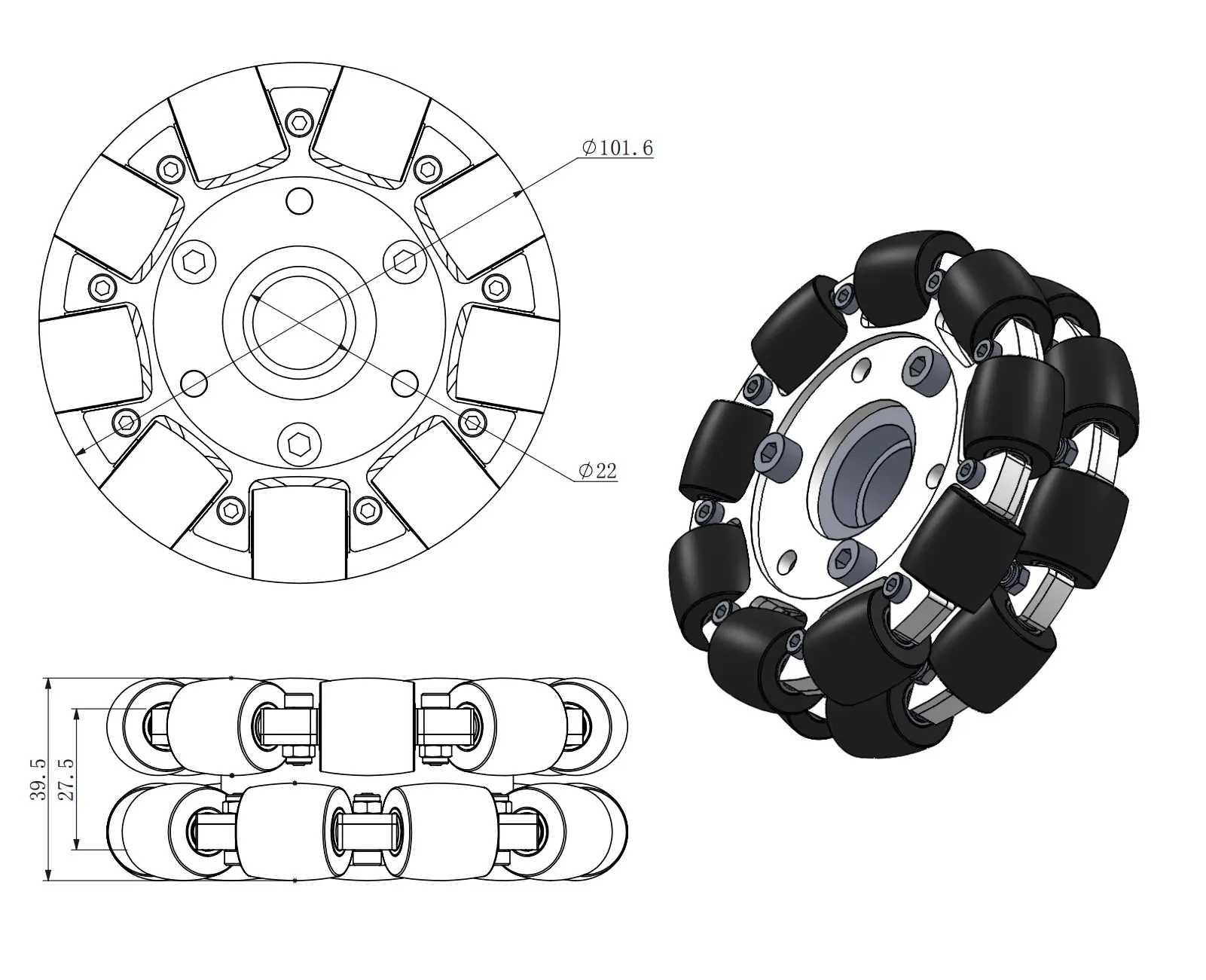 100mm Double Aluminium Compatible Omni Directional Wheel /W Bearing Rollers 14054