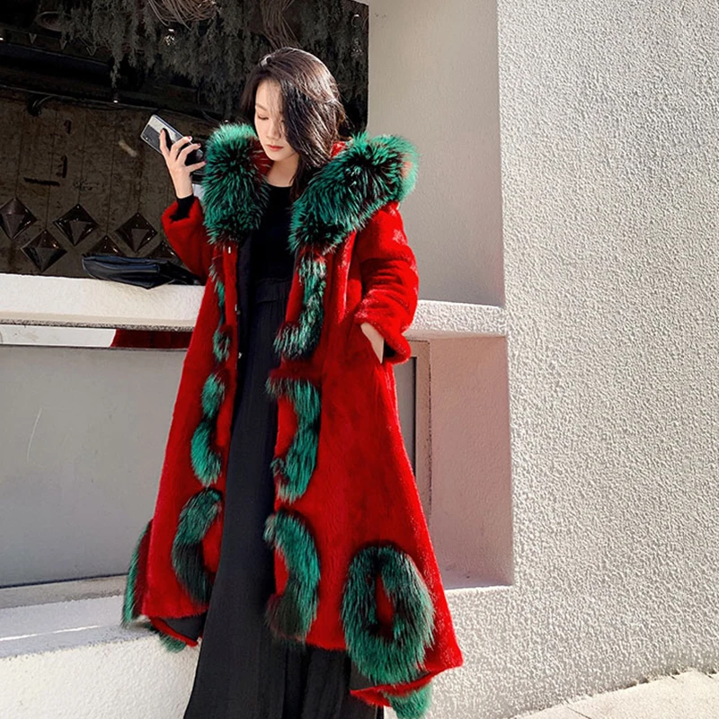 เสื้อโค้ทขนมิงค์นำเข้าฤดูหนาว ผ้ากำมะหยี่ แต่งขนฟ็อกซ์ที่ฮู้ด ลายขนมิงค์ สำหรับผู้หญิง ยาวพิเศษ ขนมิงค์แท้ธรรมชาติ