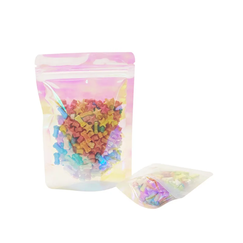 Resealable Pink Holographic Zip Lock Clear Packaging Bags Stand Up Pouches Doypack Laser Cosmetic Jewelry Zip Lock Plastic Bags