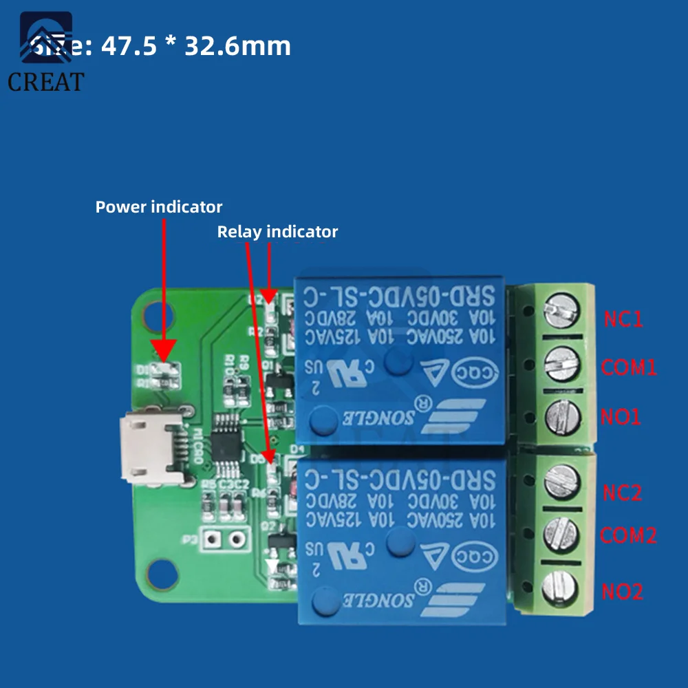 Dual Channel USB Relay Module HID Drive-free Micro Overcurrent Protection Relay Diode Freewheeling Protection  Relay Module 5V