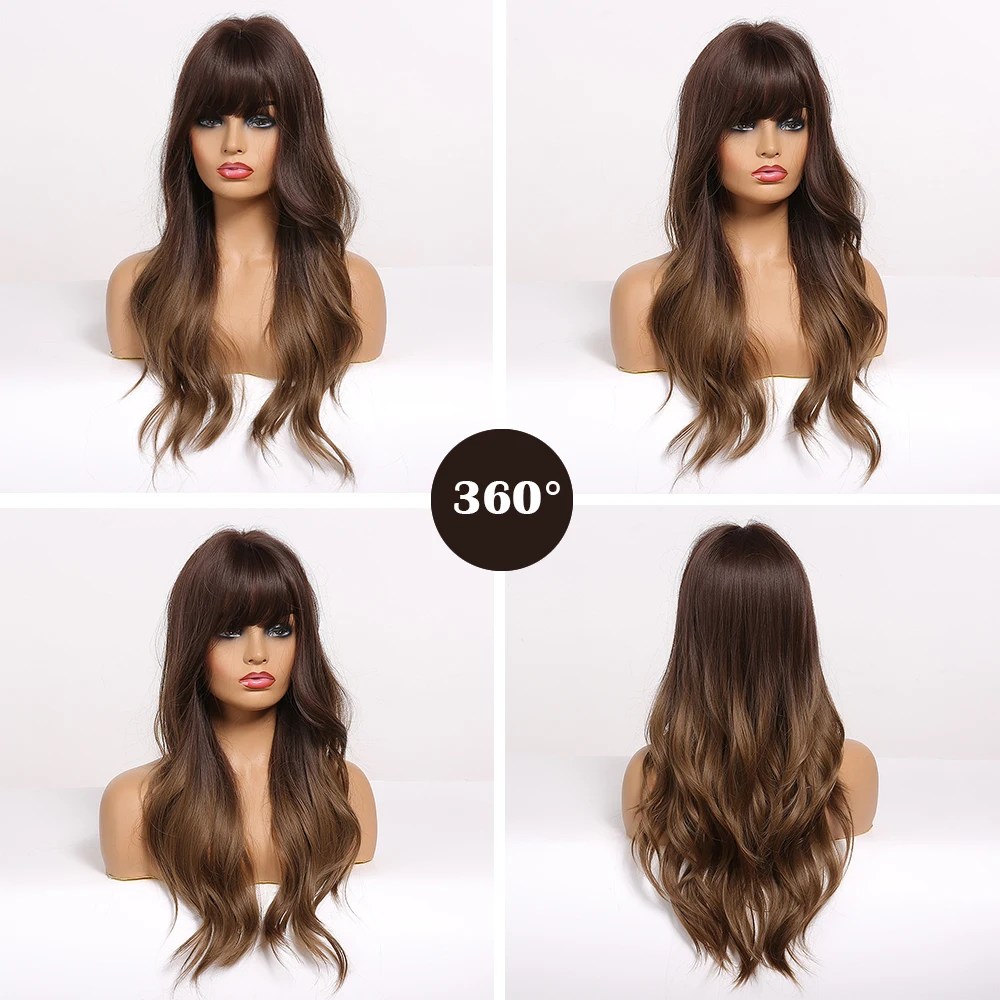 EASIHAIR Long Brown Ombre Synthetic Wigs for Black Women Water Wave Women\'s Wigs with Bangs Heat Resistant African American Hair