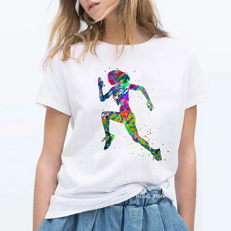 Watercolor Gymnastics Girl Printed Tshirt Women Summer Harajuku Kawaii Top Female White T Shirt Sports Lover Birthday Gift Tees