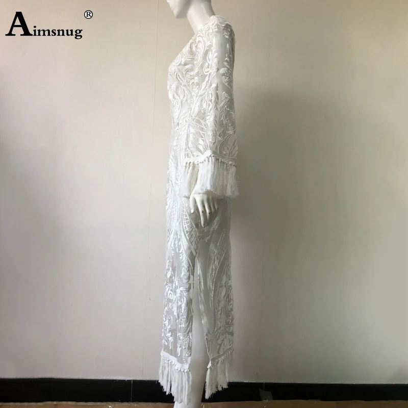 Aimsnug Boho Lace Solid White Perspective Thin Female The Dress Round Neck Embroidery Tassel Bilateral split 2019 Women Dresses