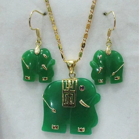 

Charming! Natural 14KGP Green Jade Elephant Pendant Necklace Earring Set