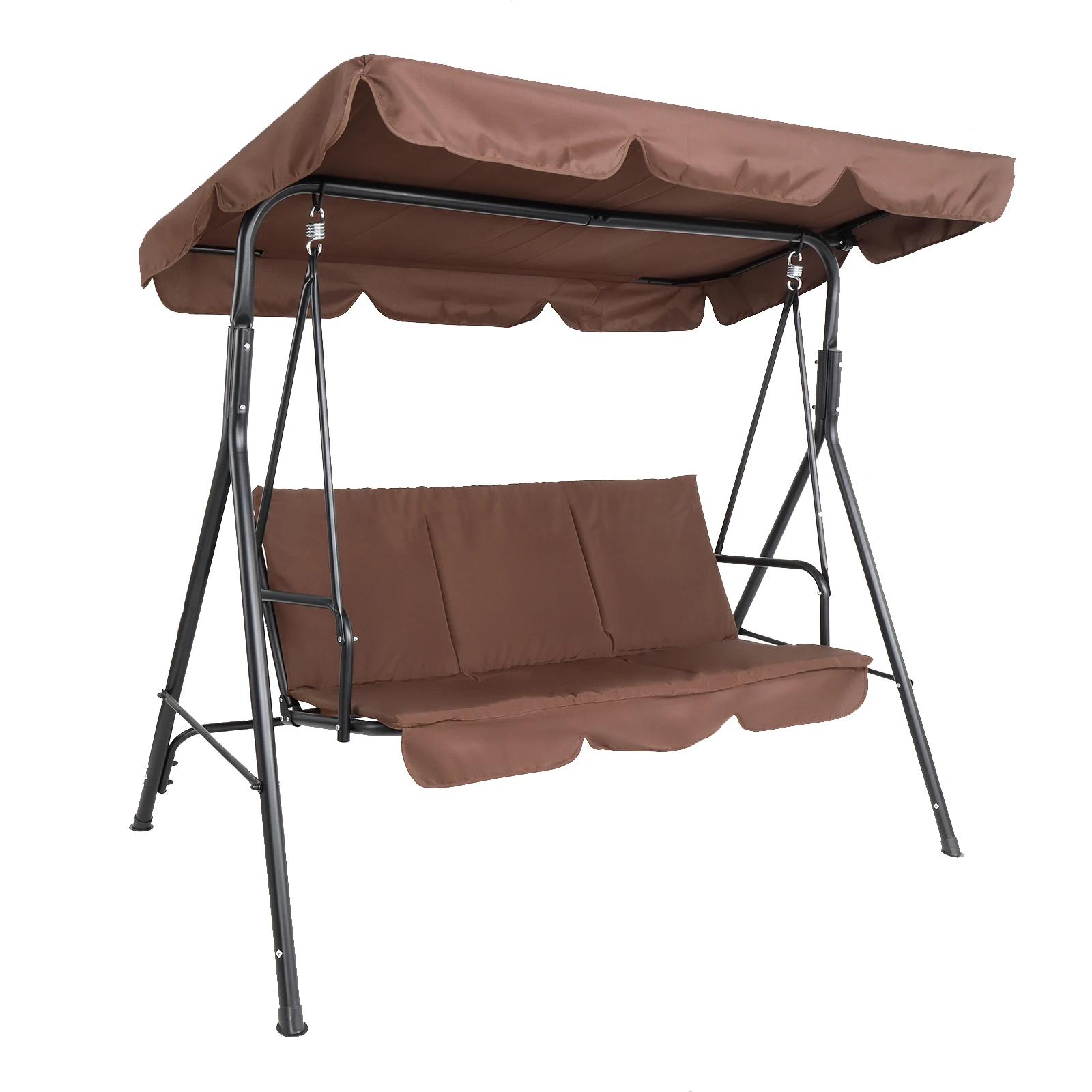 US Warehouse 3-Person Sunshade Swing Iron Swing Chair With Canopy and Cushion 250kg Load-Bearing Brown 170x110x153CM