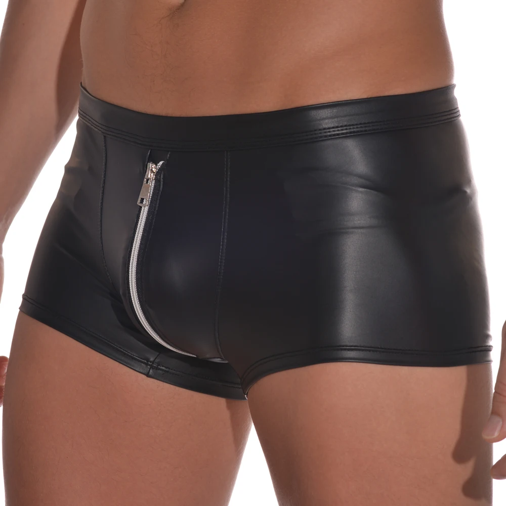 Ropa interior Sexy Gay para hombre, bóxer corto con cremallera, sin costuras, de cuero Pu, informal, de alta calidad, regalo