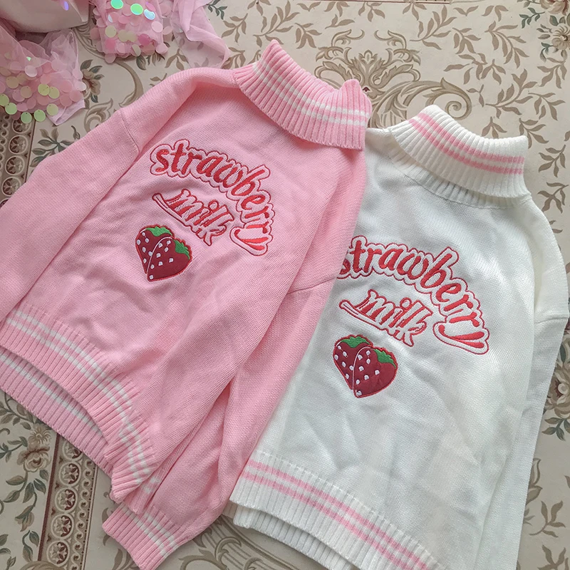 Women\'s Japanese Kawaii Ulzzang Cute Strawberry Loose Turtleneck Sweater Female Korean Harajuku Clothing For Women