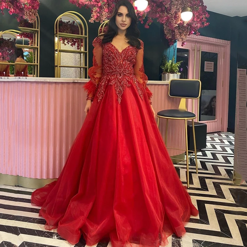 Gaun Prom Eigdale 2022 Gaun Malam Tulle Kerah V Lengan Puff Merah Applique A-Line Seksi Gaun Pesta Koktail Malam Ukuran Plus