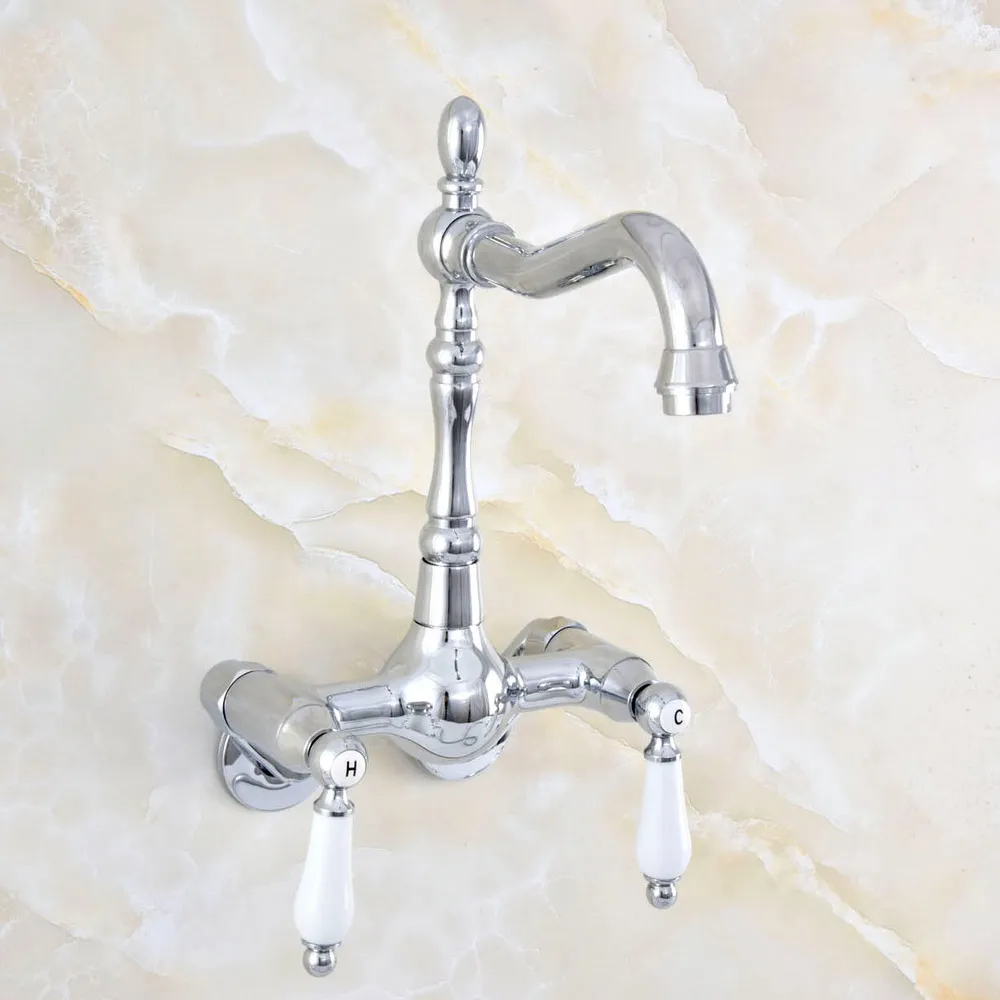 

3-3/8" Polished Chrome Bathroom Basin Swivel Spout Faucet Wall Mounted Dual Ceramic Handles Vessel Sink Mixer Taps zqg206