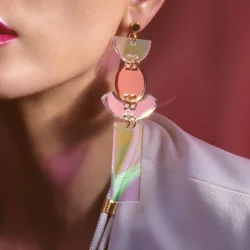 KUGUYS Geometric Iridescent Long Dangling Earrings for Women Mirror Acrylic Iridescence Large Big Fashion Ear Trendy Jewellery