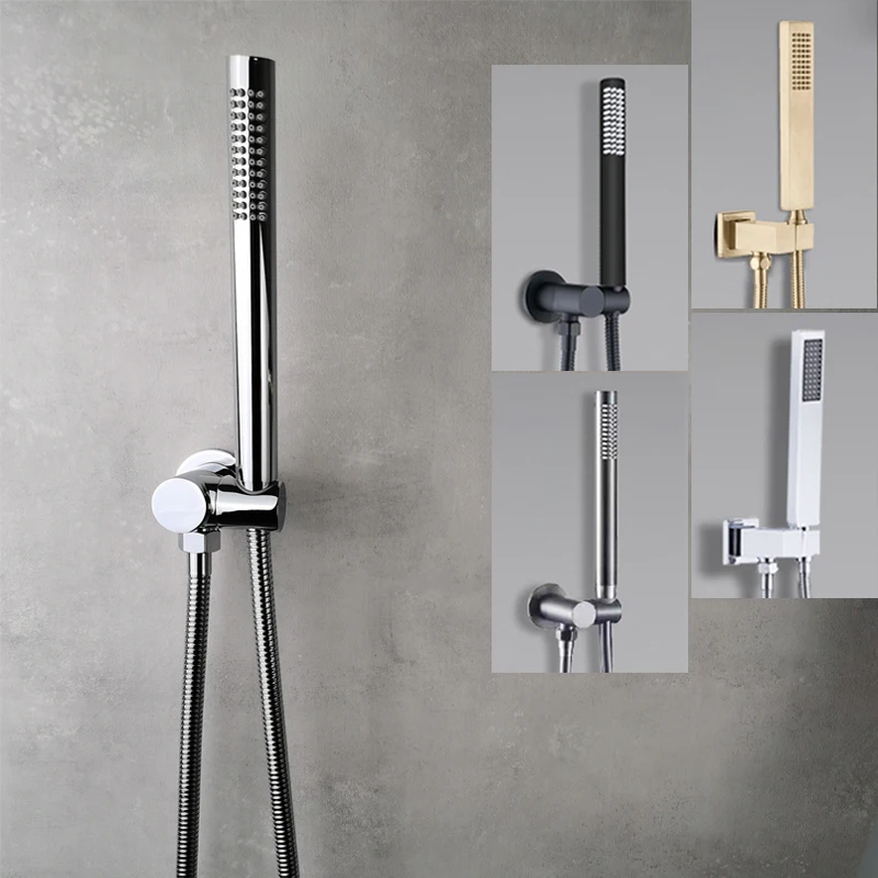 Bathroom Hand Shower Set with Hand Shower Bracket Outlet Round and Square Matt Black Shine Chrome Brushed Gold Gun Metal Grey