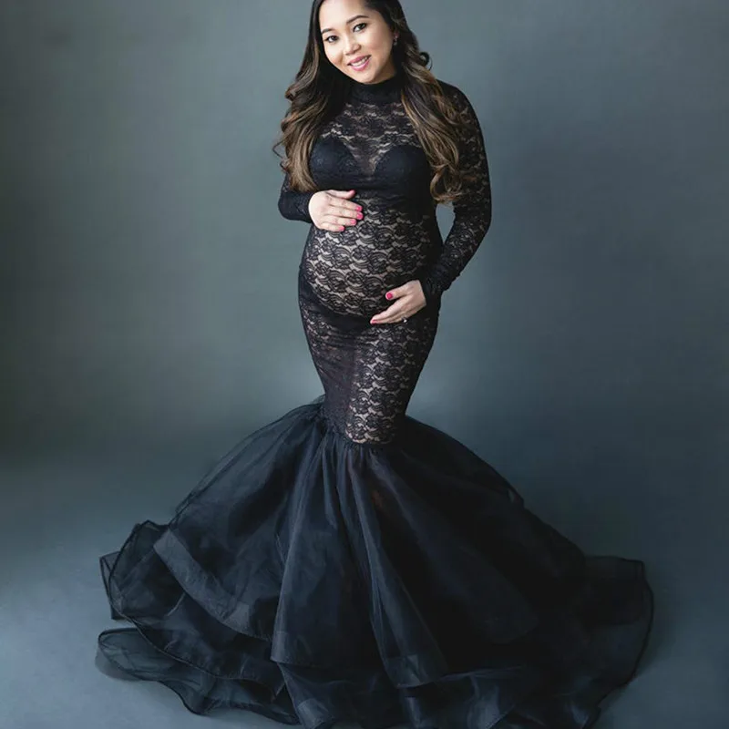 

Splicing Maternity Dress for Photo Shoot Pregnant Women Long Sleeve Black Lace Turtleneck Photography Dresses Pregnancy Dress