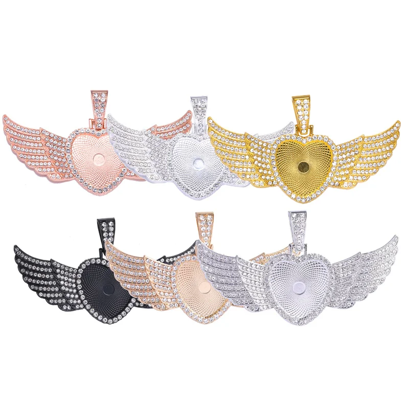 JUYA Jewelry Making Pendant Base 25mm Heart Cabochon Angel Wing Charms Alloy Matching Diamond For DIY Hip Hop Necklace Findings