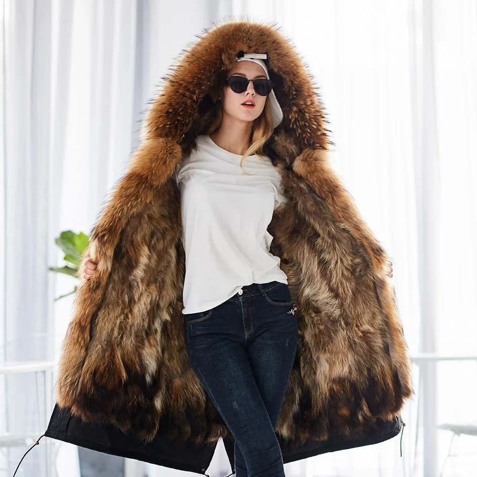 

MAOMAOKONG large size winter women's leather jacket Natural raccoon fur coat Detachable fur lining X long jacket Park Pike