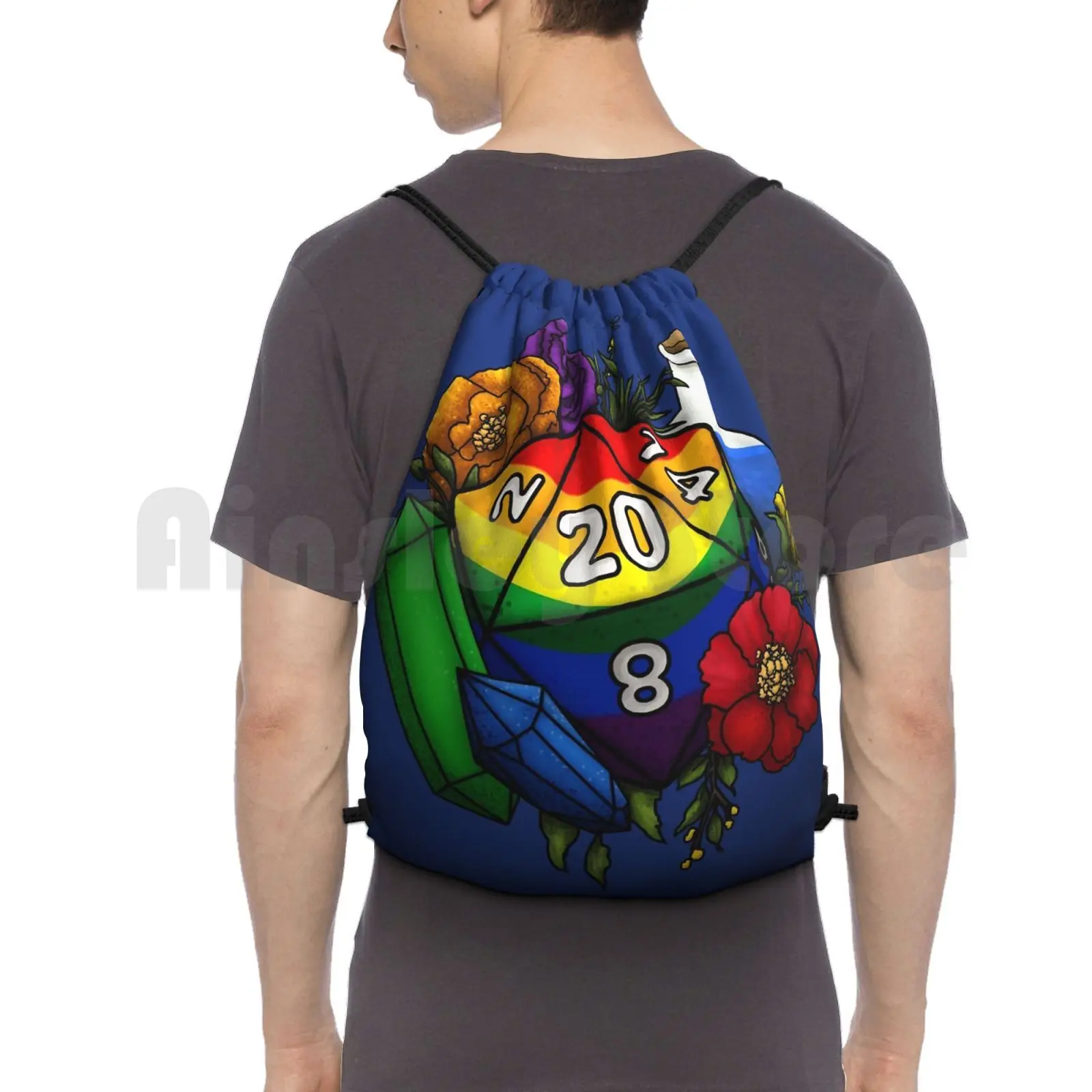 Pride Rainbow D20 Tabletop Rpg Gaming Dice Backpack Drawstring Bag Riding Climbing Gym Bag D20 D D Dnd And Tabletop Gaming