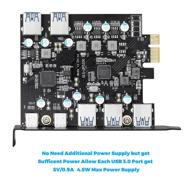 PCIE X1 TO Usb 3.0 Card External 3 UsbA + 2 Type C Port Front 2 Usb Ports Hub Adapter Expansion Card Chip FL1100 No Power Supply