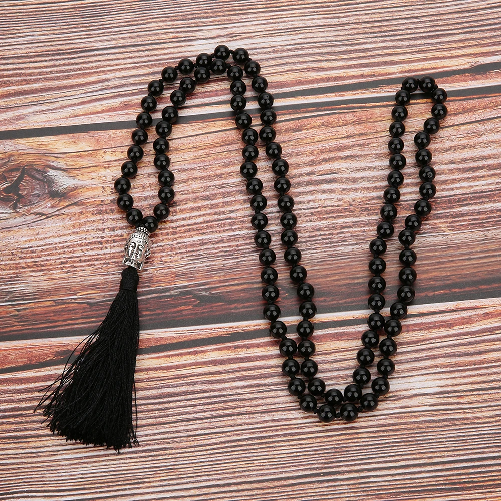 8mm Black Onyx Knotted 108 Mala Beaded Necklace Meditation Jewelry with Buddha Head Pendant for Men and Women
