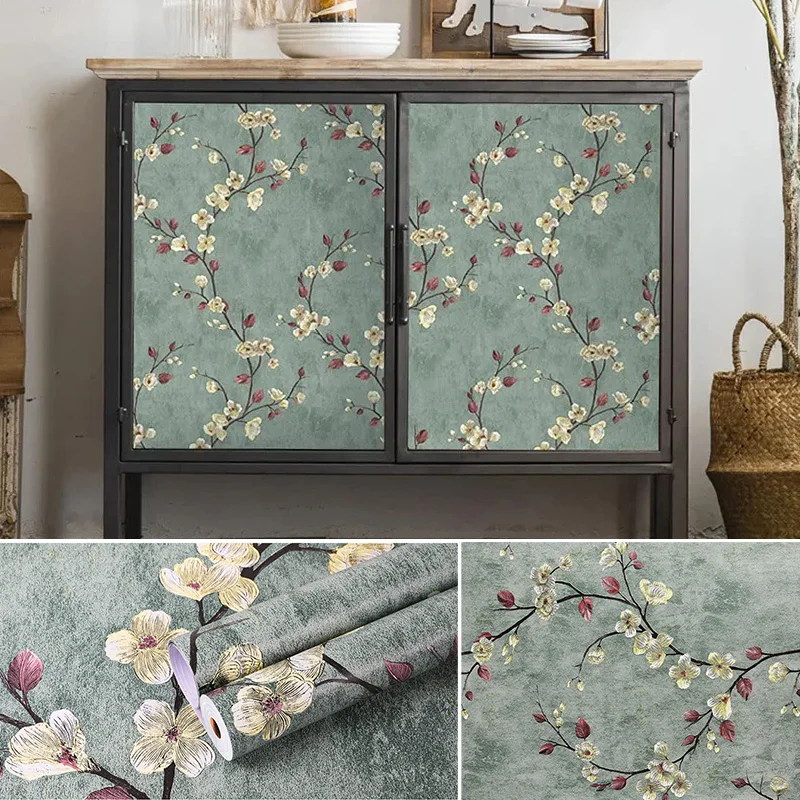 Green Floral Peel and Stick Wallpaper Vintage Floral Vinyl Stickers Flower&Bird Waterproof Self Adhesive Drawer Liner Decorative