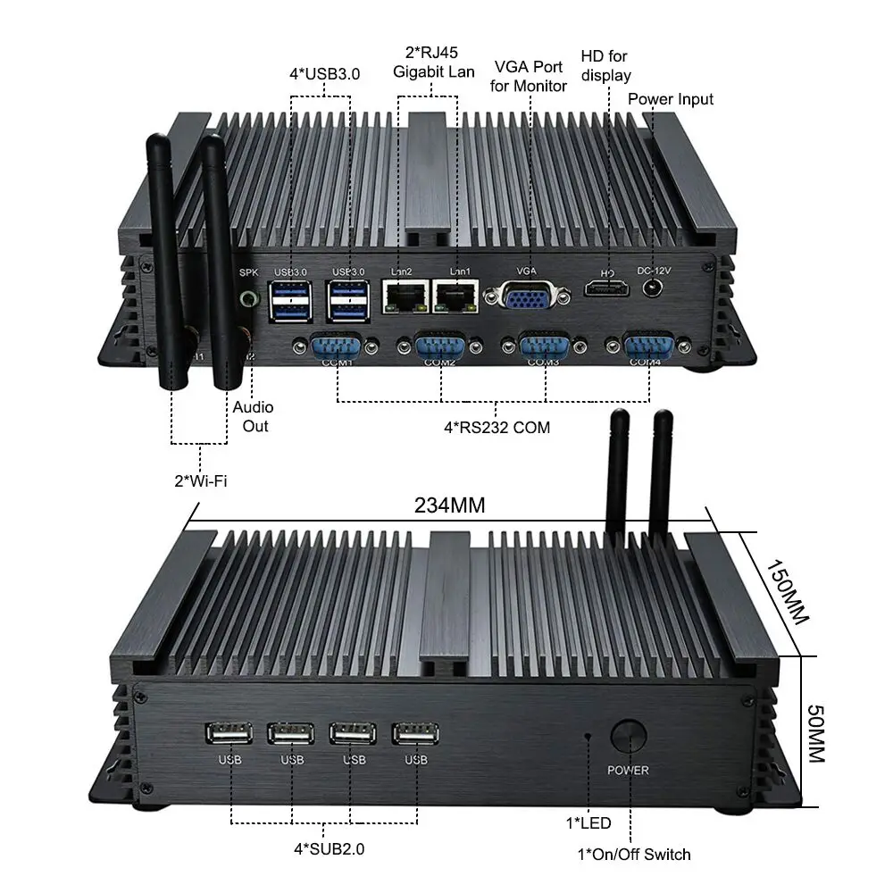 Fanless Industrial Mini PC Intel Core i5-3317U Celeron 1037U 4*RS232 COM Dual Lan XP Desktop Mini Computer 8GB DDR3L 128GB MSATA