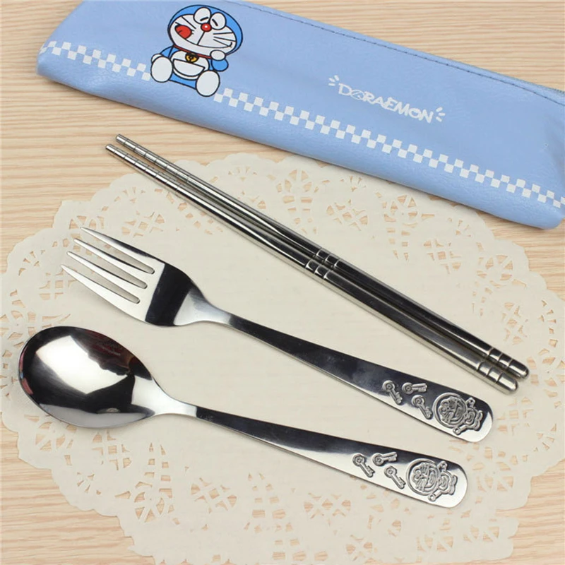 3PCS/Set Kawaii Cute Cat Stainless Steel Dinnerware Kitchen Supplies Chopsticks Utensil Flatware Spoon Fork For Kids Children