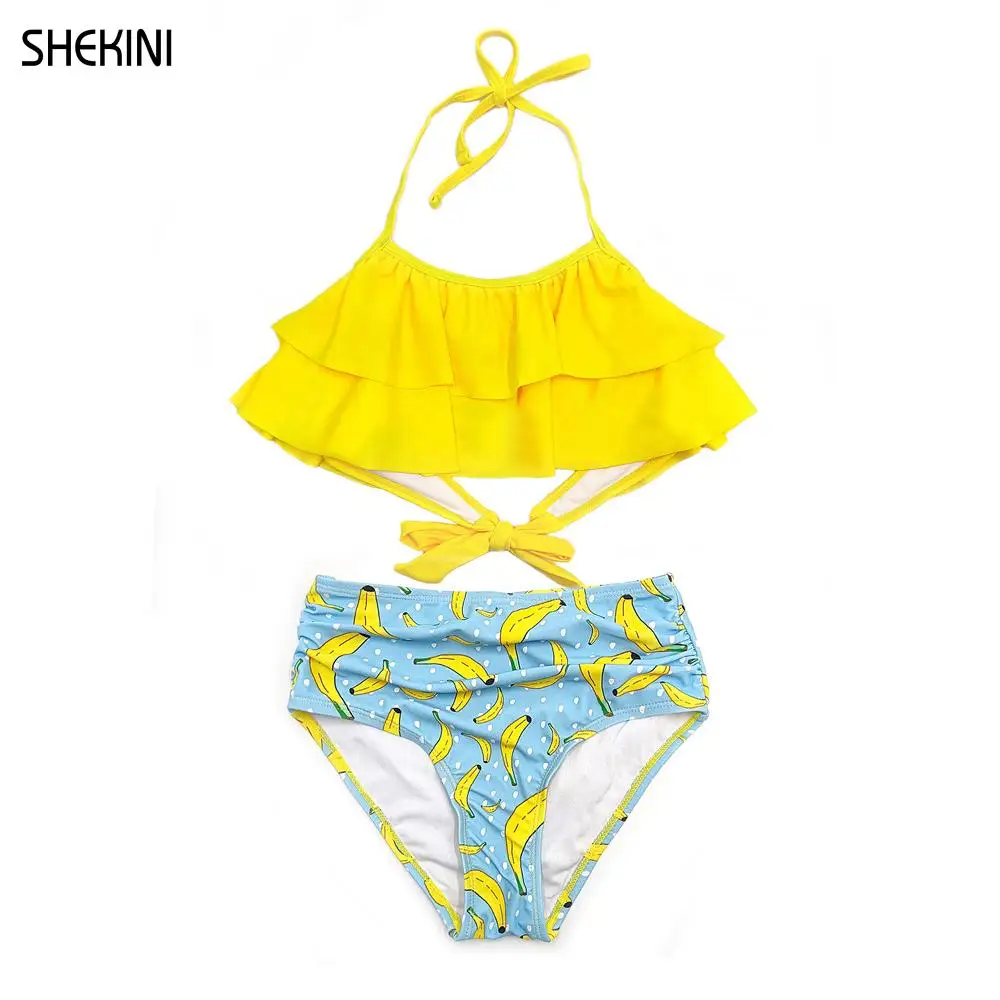 SHEKINI Girls High Waisted Ruched Bathing Suits Ruffle Flounce Halter Teenage Girls Bikini Two Piece Swimsuits Teen Beachwear